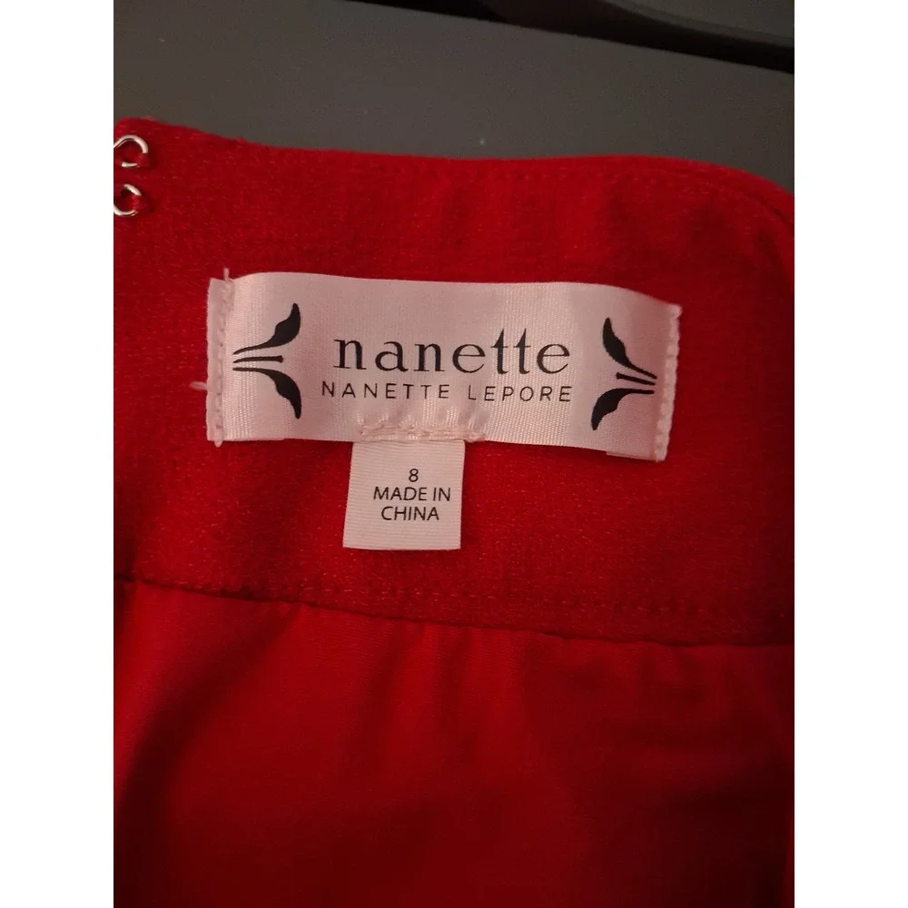 Nanette Nanette Lepore Womens Red 2 Piece Skirt Suit Blazer Set Size 8 Bow Cuff